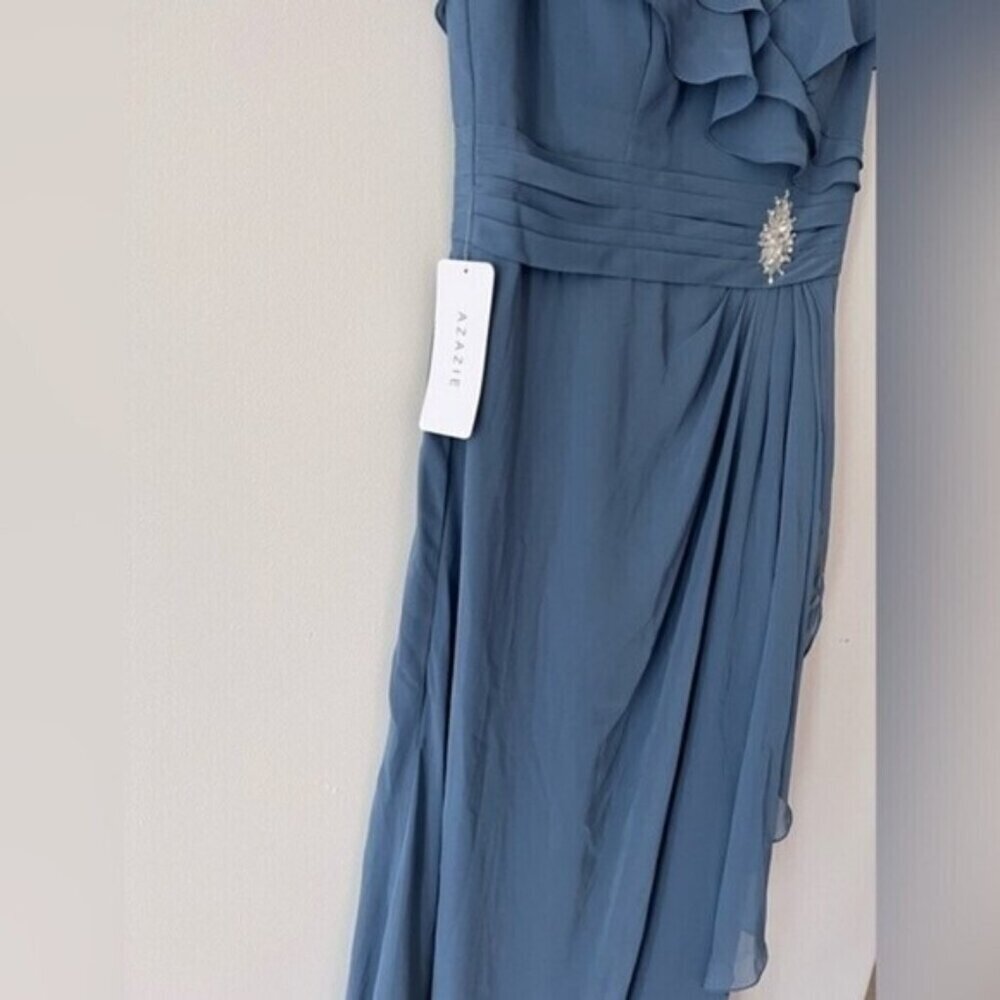 AZAZIE maxi dress A-Line Ruched Chiffon Floor-Length Dress Dusty Blue Size 10 - Picture 8 of 14